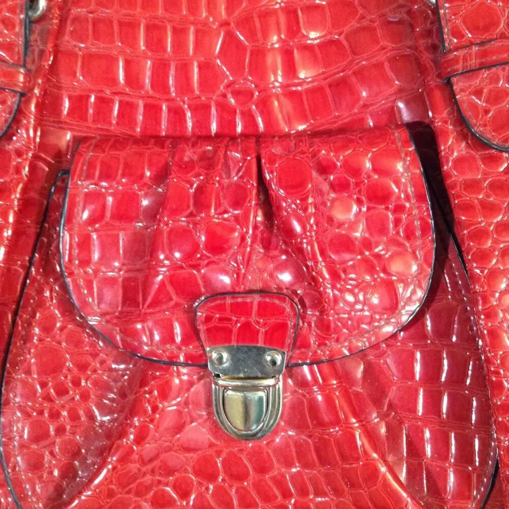 Bueno Tote Bucket Purse Large Red Glazed Bag Faux Croc Leather Travel Dbl Handle